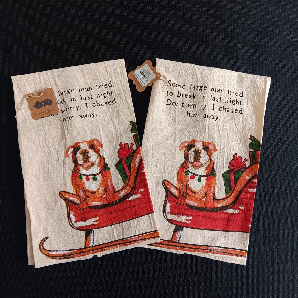 Mud Pie Tea Towel Set Unisex OS Cream New Christmas Bulldog Chase Dog 41500352C